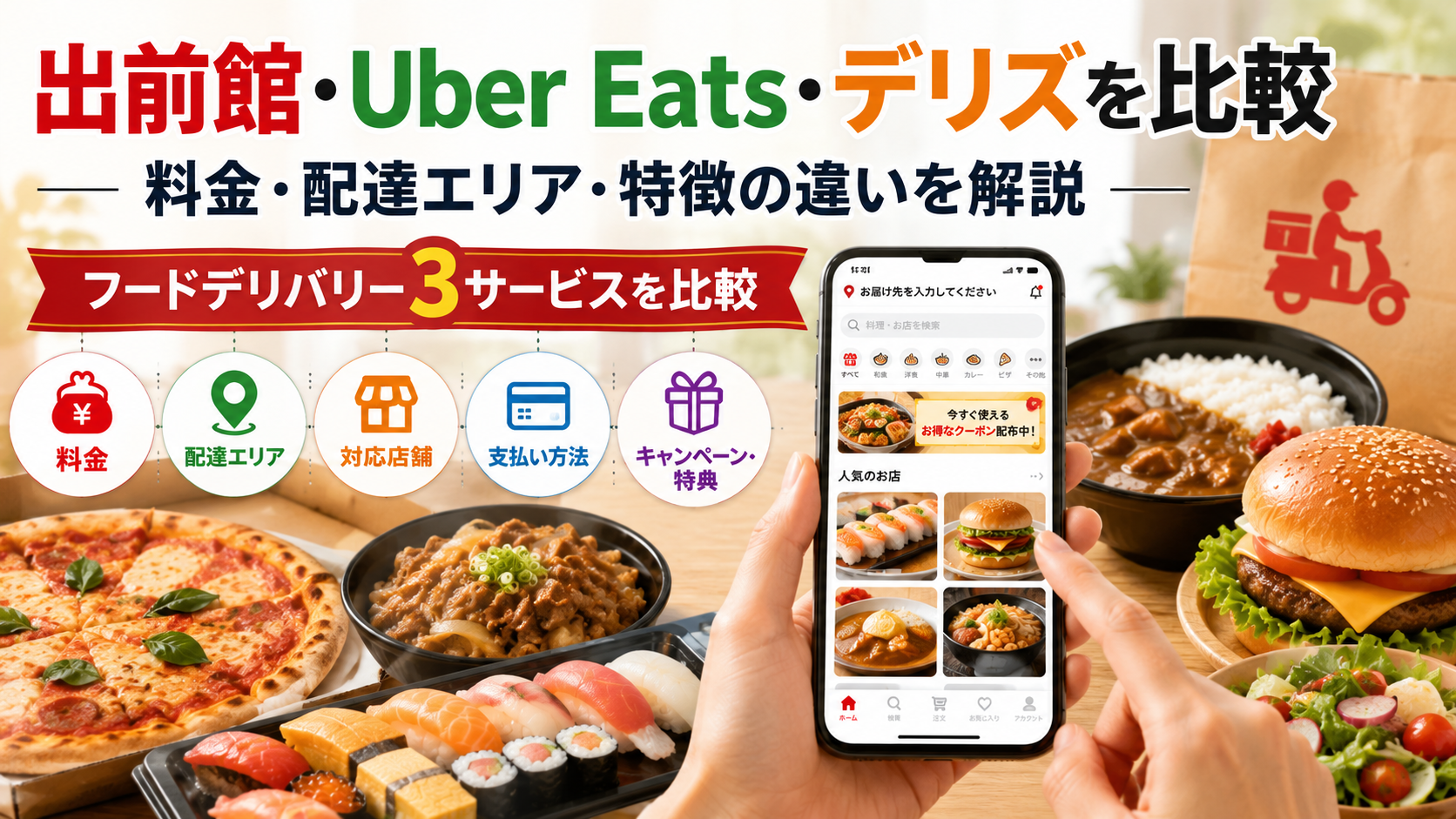 出前館・Uber Eats・デリズを比較｜料金・配達エリア・特徴の違いを解説
