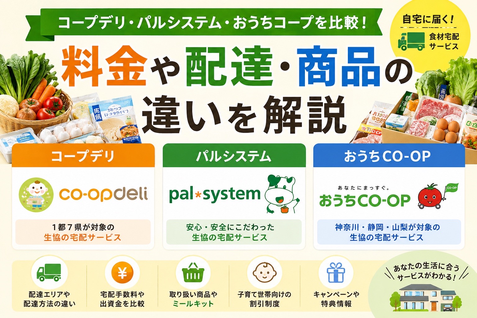 コープデリ・パルシステム・おうちコープを比較|料金や配達・商品の違いを解説