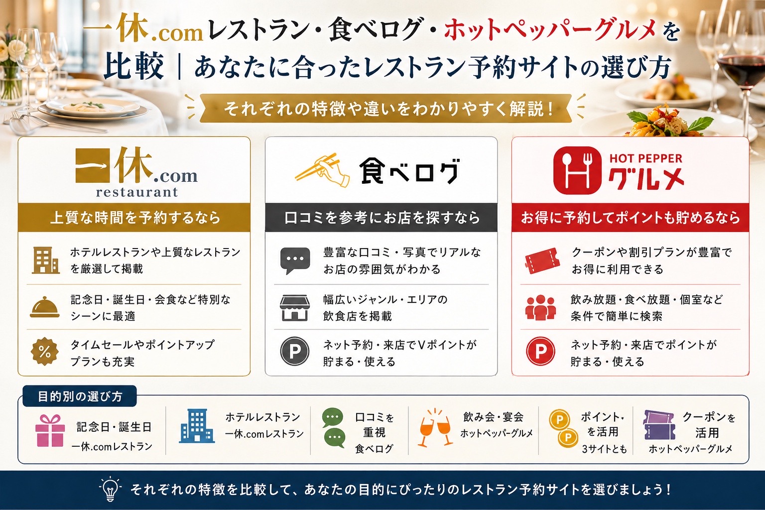 一休.comレストラン・食べログ・ホットペッパーグルメを比較｜特徴や予約サービスの違い