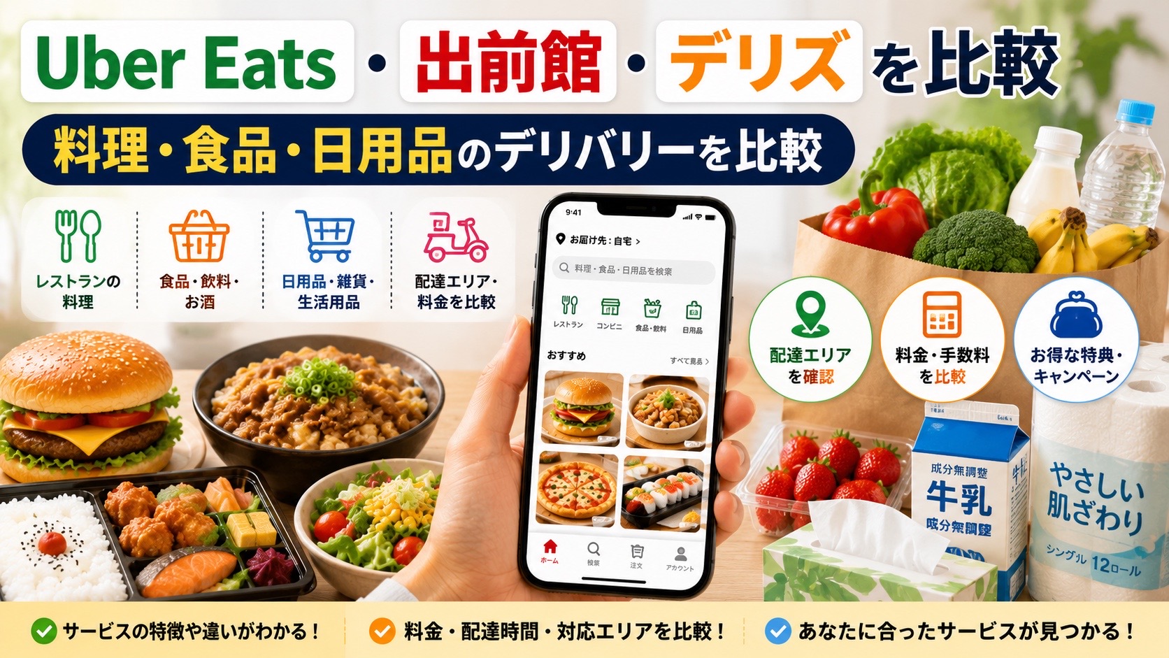 Uber Eats・出前館・デリズを比較｜料理・食品・日用品の配達や料金の違い